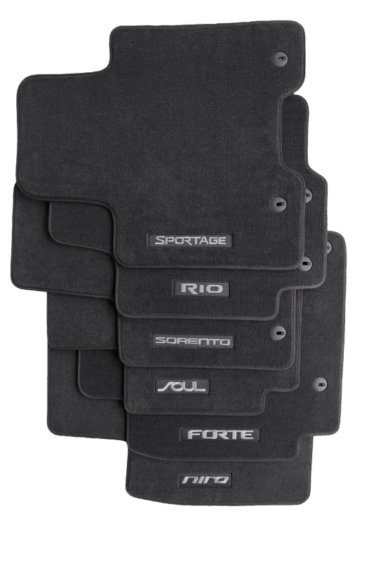 Full family of Lecatris custom carpet floor mats: Sportage, Rio, Sorento, Soul, Forte and Niro