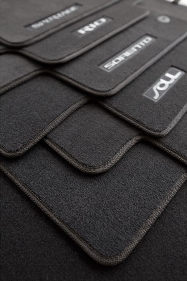 Detail of stitching, grommets and texture on a Lecatris automotive carpet floor mat
